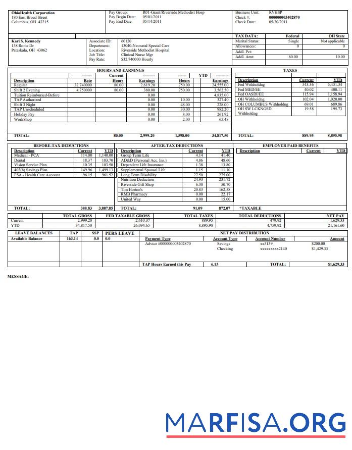 Printable OhioHealth Corporation Paystub real example